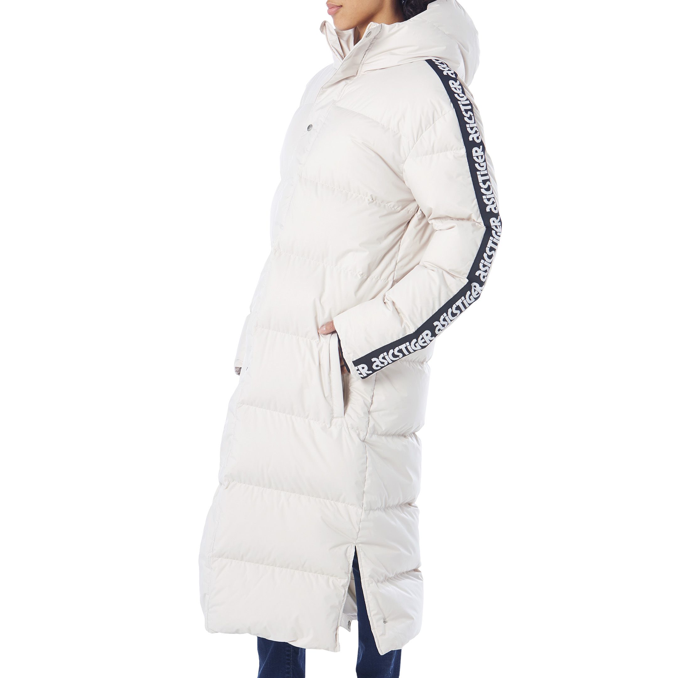 asics tiger logo tape long down jacket