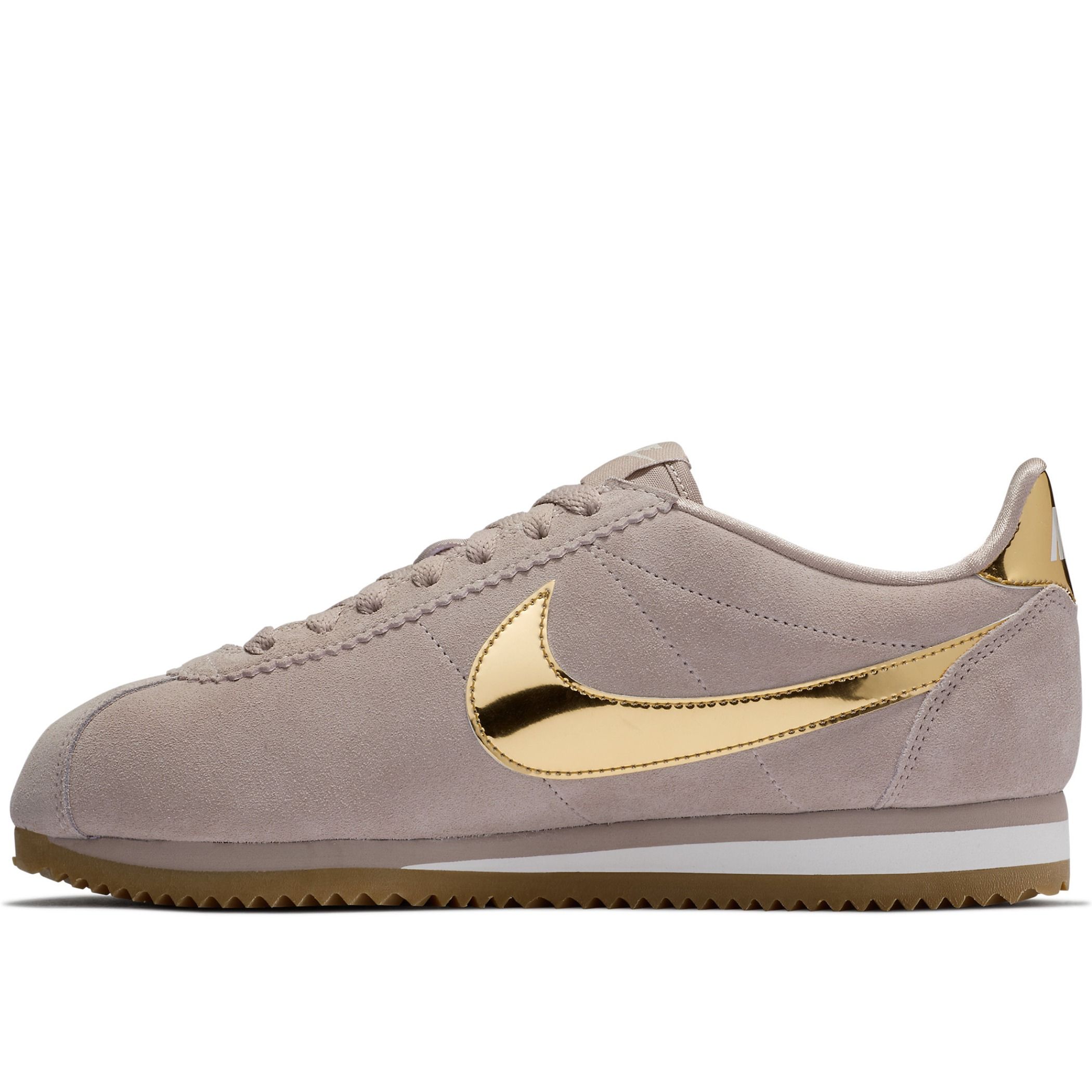 nike taupe with gold swoosh suede cortez trainers